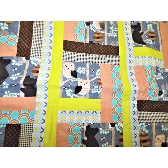 Baby quilt "Honey Bears in Trees" forest animals owls bears squirrels bees 40X50 - Picture 4 of 7